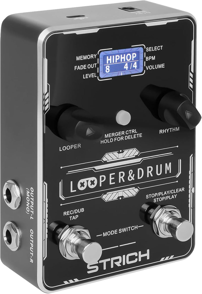 STRICH Stereo Looper Pedal Guitar Pedal with Built-in Drum Machine, 100 Diverse Drum Patterns, 160 Minutes Recording Time, USB for Audio Upload or Download, Support Footswitch Control - Image 1